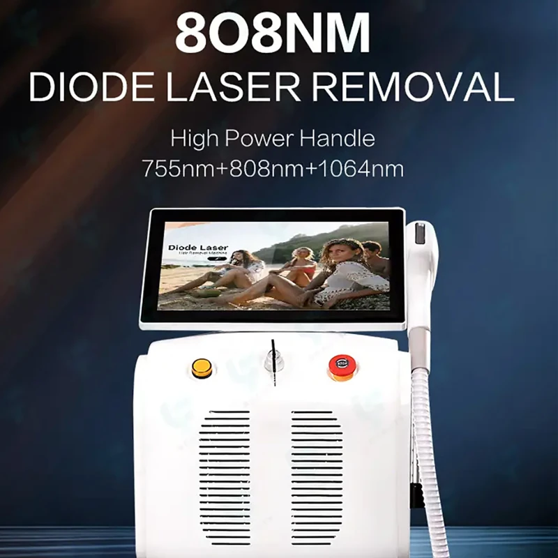 front view professional portable 808nm diode laser hair removal machine, triple wavelength technology, smart touch screen, tec cooling handle banner