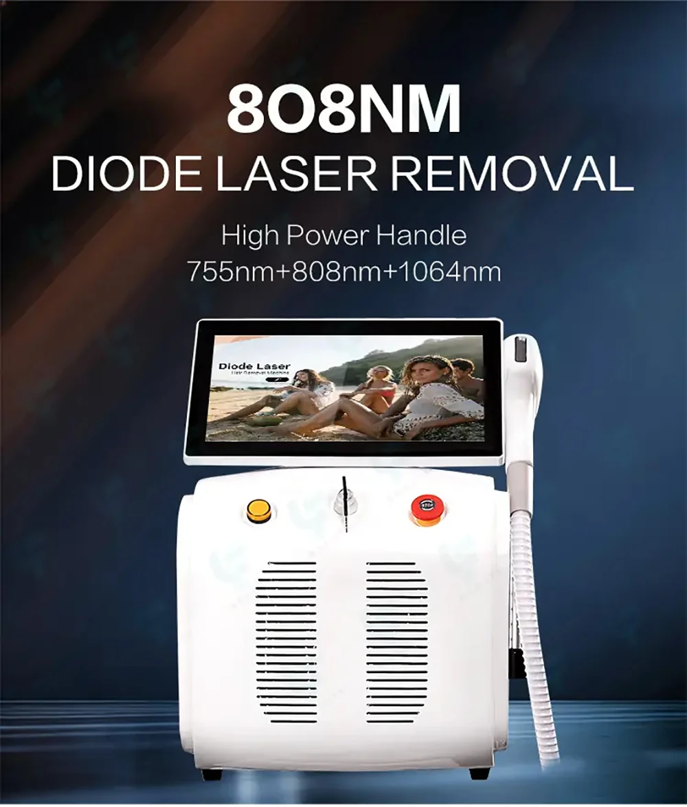 front view professional portable 808nm diode laser hair removal machine, triple wavelength technology, smart touch screen, tec cooling handle
