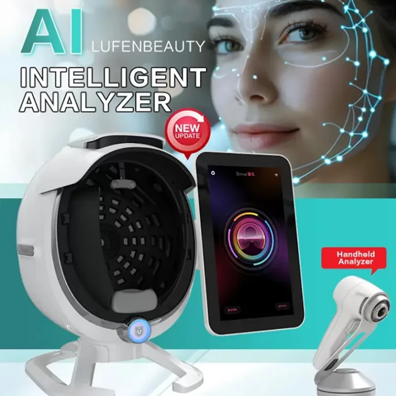 professional AI skin analyzers featuring 8-spectrum imaging technology, including a full-face scanner, handheld analyzer probe, and so on