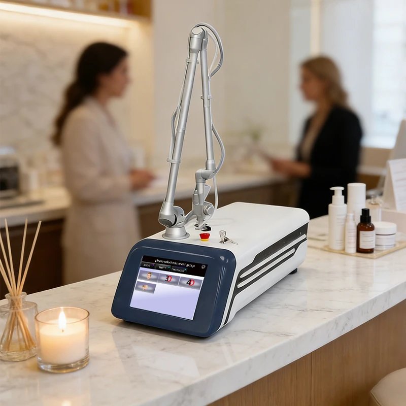 Professional CO2 fractional laser device for acne scar treatment displayed on a clinic counter, featuring an articulated arm and digital interface banner