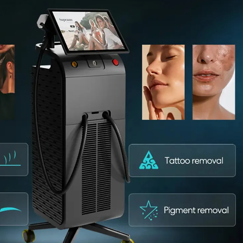 Professional multifunctional diode laser hair removal system from a leading diode laser machine manufacturer, showcasing its four main functions: hair removal, eyebrow removal, tattoo removal, and pigment removal with treatment demonstration photos banner