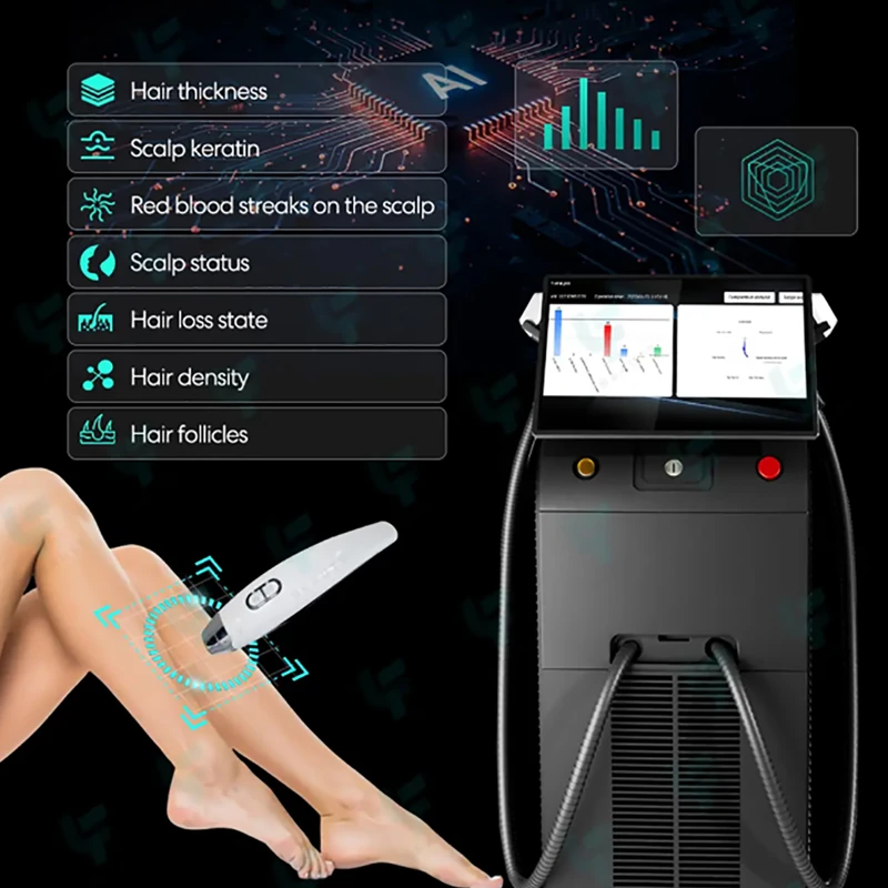 Front view of the AI analysis interface on a professional China diode laser hair removal device, displaying real-time diagnostic data for hair thickness, density, and follicles banner