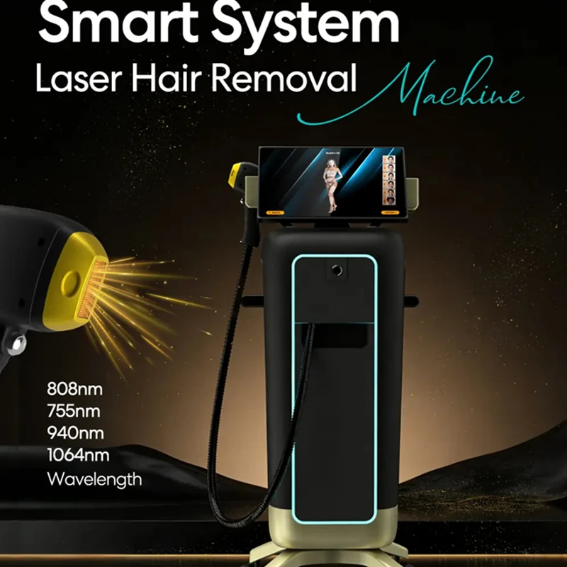 Front view of a smart system laser hair removal machine showing the 4-wavelength handpiece and digital UI screen-banner