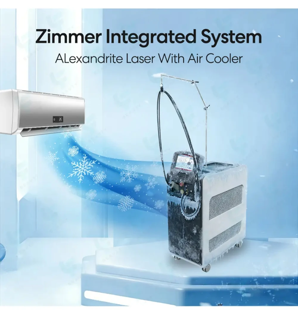 Zimmer Integrated System Alexandrite Laser hair removal machine with advanced air cooling technology for painless clinical treatments.