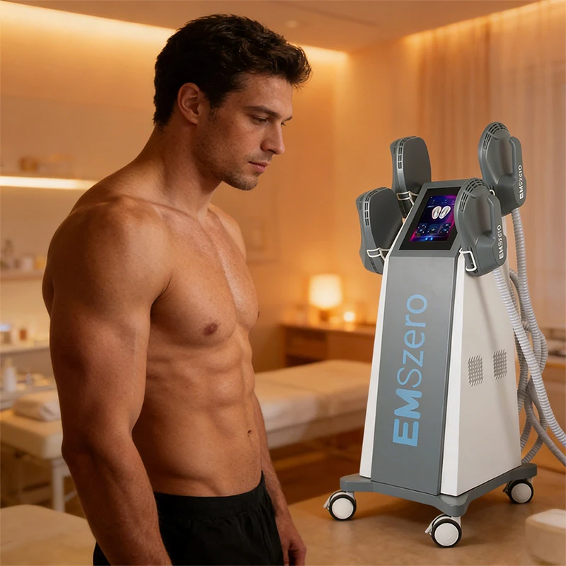 Professional EMSZero ems body sculpting machine shown next to a muscular man to demonstrate muscle toning results banner