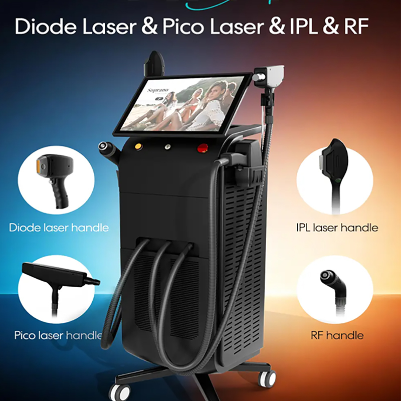 Full front view of the 4-in-1 integrated aesthetic platform including a picosecond laser tattoo removal machine, diode laser, IPL, and RF handles for MedSpa use.