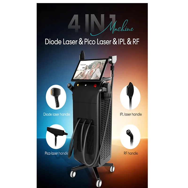 Full front view of the 4-in-1 integrated aesthetic platform including a picosecond laser tattoo removal machine, diode laser, IPL, and RF handles for MedSpa use.