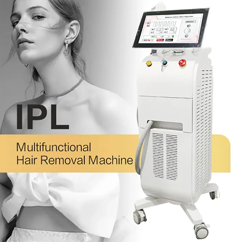 Side view of LufenBeauty professional diode laser hair removal machine featuring a sleek white clinic-grade design and three-wavelength technology banner