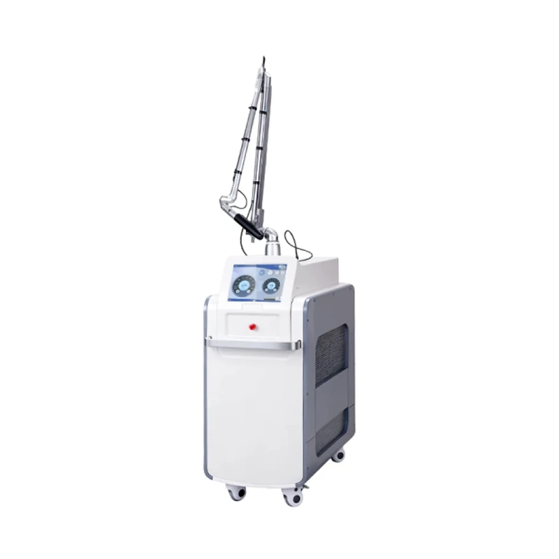 Professional vertical pico laser machine with articulated laser arm, front and side perspective view for skin rejuvenation and tattoo removal banner