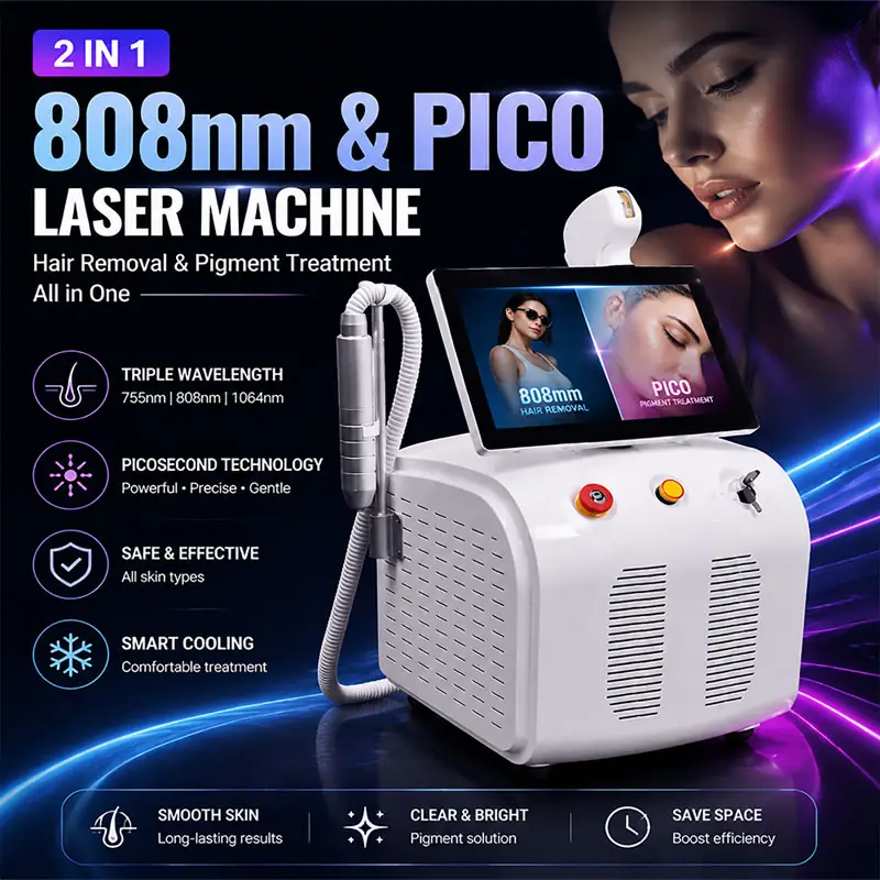 A professional 2-in-1 laser system combining 808nm diode laser for hair removal and picosecond technology for pigment treatment, ideal for aesthetic clinic growth.