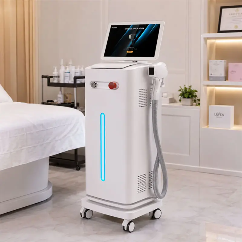 Professional 3-wavelength diode laser hair removal machine by Lufen Beauty in a modern aesthetic clinic, featuring 755nm, 808nm, and 1064nm technology for all skin types.