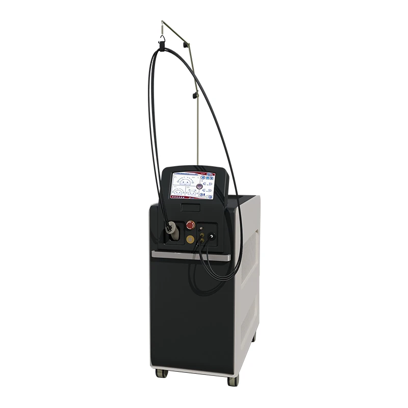 Long pulsed alexandrite and Nd YAG laser hair removal machine with fiber optic cable hanger for professional clinics.