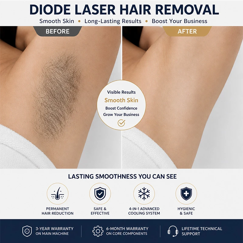 Before and after comparison showing underarm hair removal results achieved with a professional diode laser hair removal machine banner