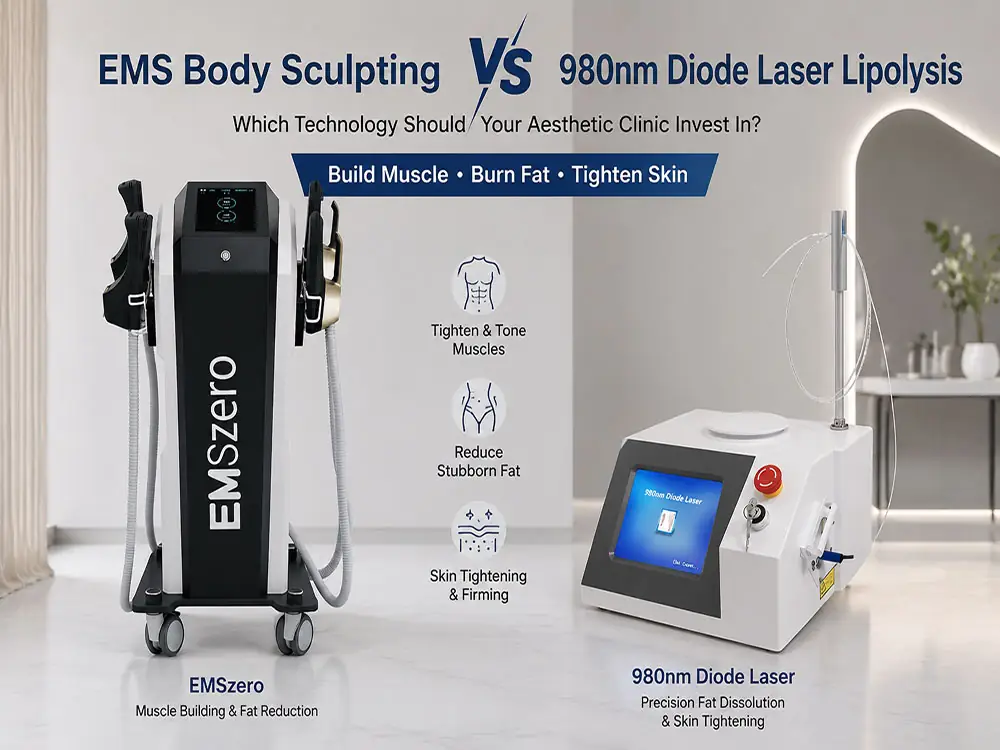 Side-by-side view of the EMSzero muscle building machine and 980nm diode laser device, highlighting core benefits: tighten muscles, reduce stubborn fat, and skin firming.
