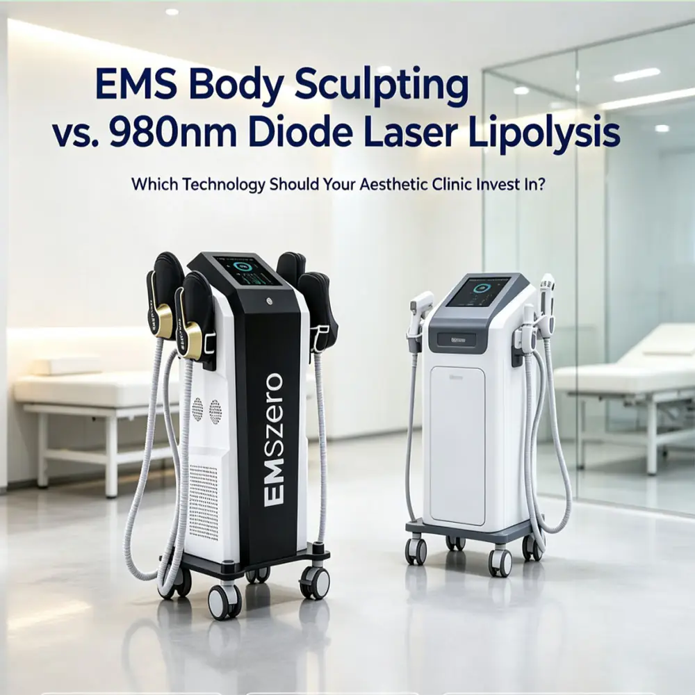 Side-by-side comparison of EMSzero electromagnetic muscle sculpting and 980nm laser fat reduction machines for medspa investment