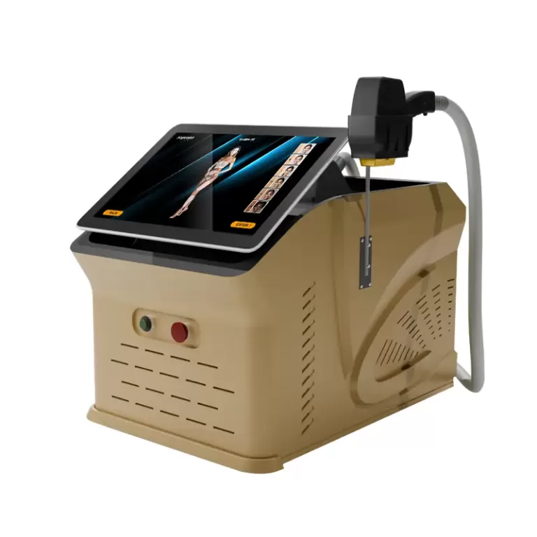 Portable 808nm diode laser hair removal machine with 3 wavelengths and treatment handpiece for professional salons.