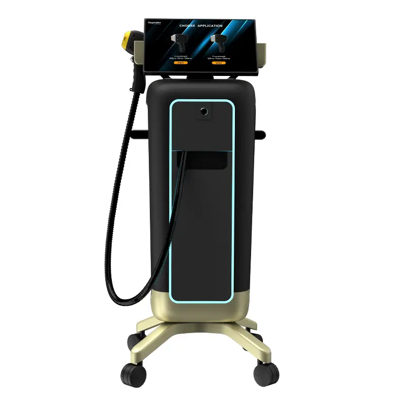 Professional 4-wavelength diode laser hair removal machine with touch screen and cooling handpiece for aesthetic clinics.