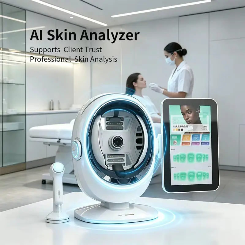 Professional K57 AI skin analyzer machine with a folding touchscreen for medical aesthetic clinics
