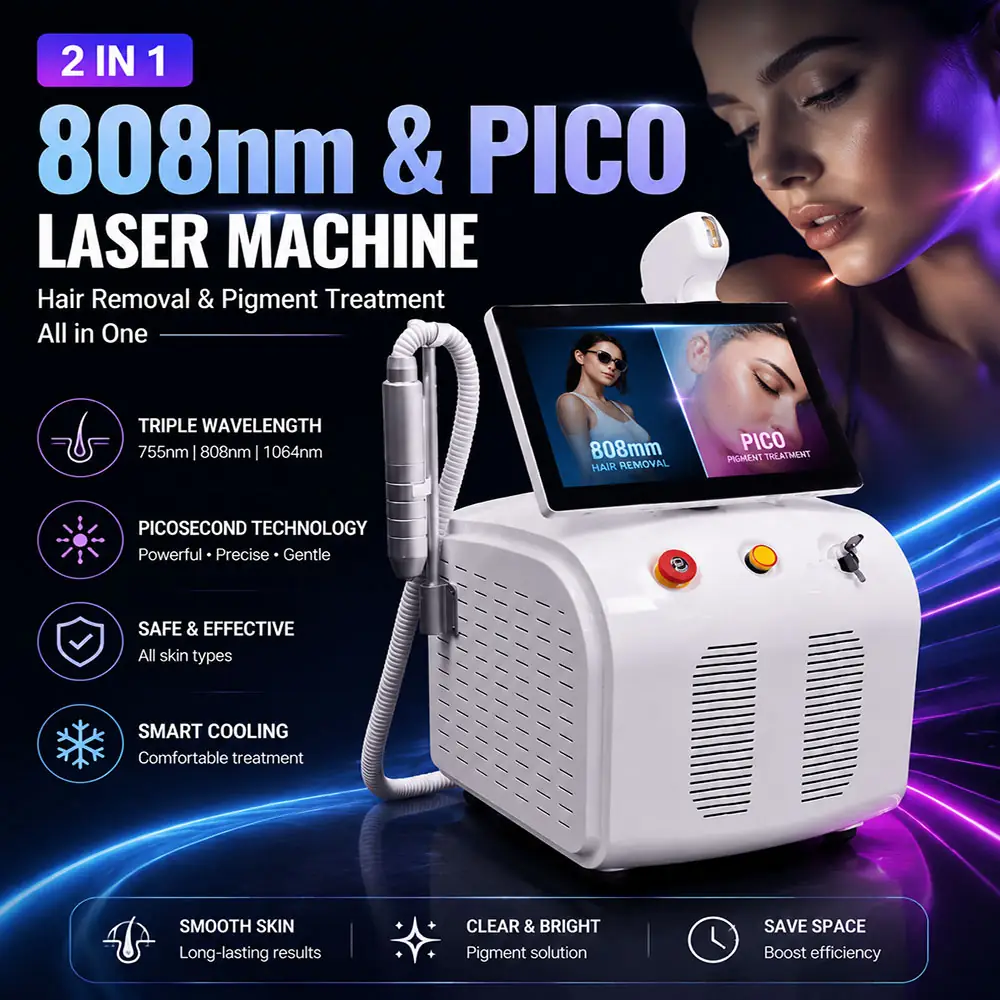 Features of the portable 2-in-1 laser device including triple-wavelength (755nm, 808nm, 1064nm) hair removal, picosecond tattoo removal, and smart TEC cooling system.