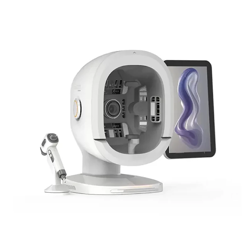 K33 3D multi-spectral AI skin analyzer with side screen and handheld scalp probe for medspas and aesthetic clinics