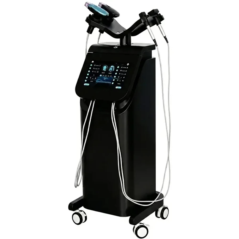 Black RF microneedling aesthetic machine equipped with multiple treatment handpieces and a digital touch interface.