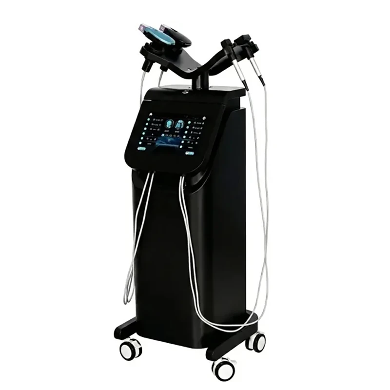 Professional black RF microneedling machine with touchscreen and handpieces for aesthetic clinics