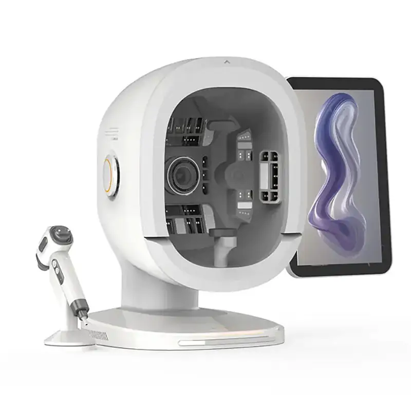 advanced facial skin analyzer with a dome shaped capture unit, attached display tablet, and handheld detection probe on a white background.