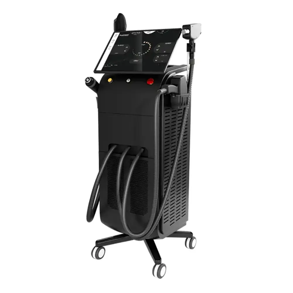 multifunctional diode laser machine with touchscreen display and treatment handpieces.